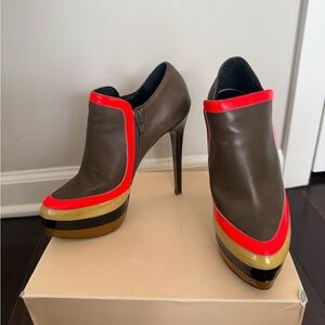 Ruthie Davis Brown Leather Platform Heel Booties with Neon and Gold Trim